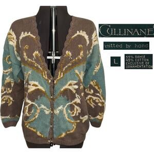 Vintage Cullinane Hand Knitted Cardigan Size Large Shoulder Pads Grandma Pearls